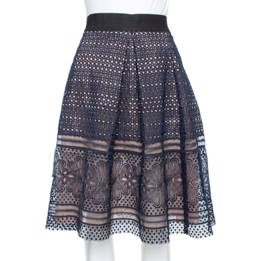 Self Portrait Navy Blue Guipure Lace Pleated Sofia